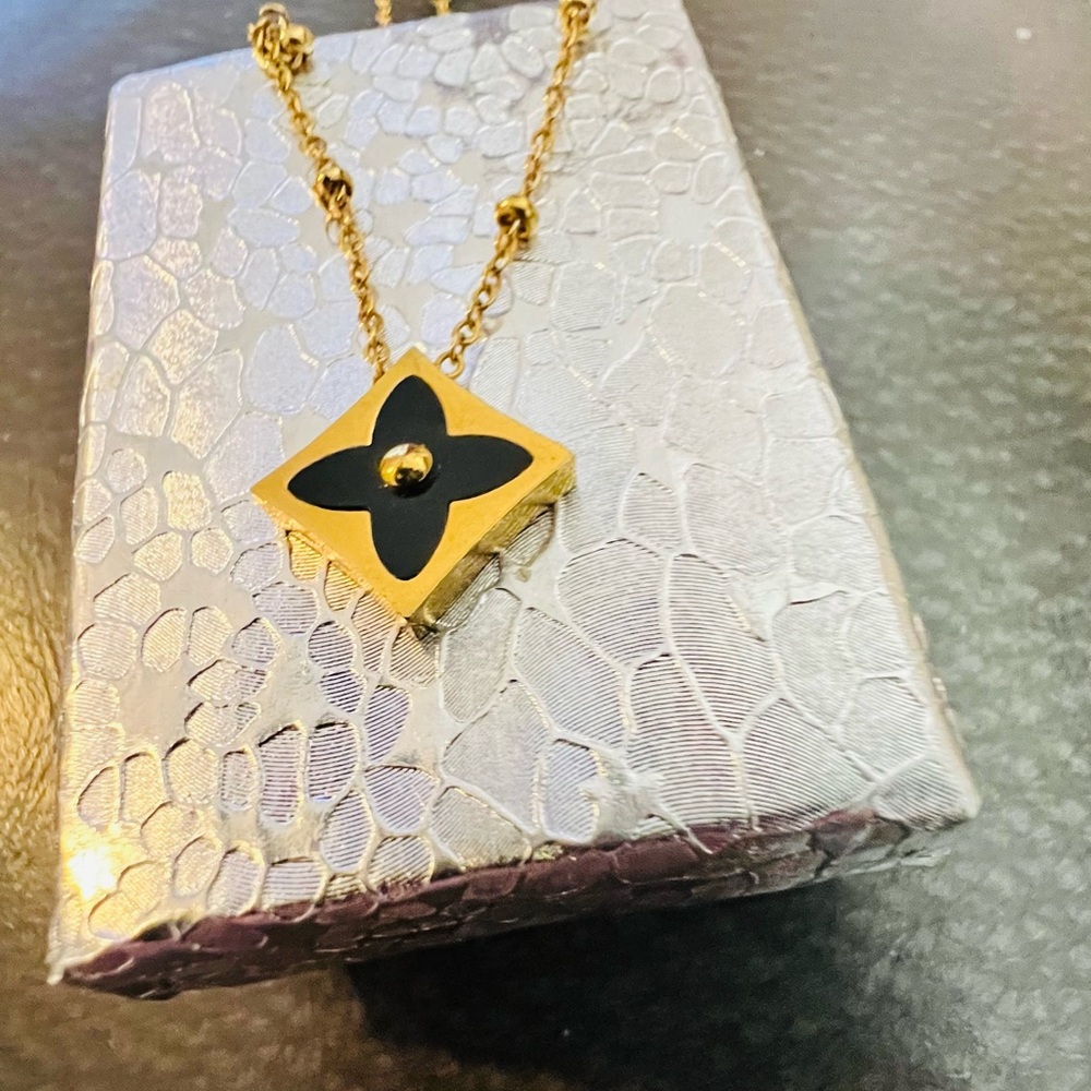 Gold-Tone Black Floral Pendant Necklace - Women Jewelry